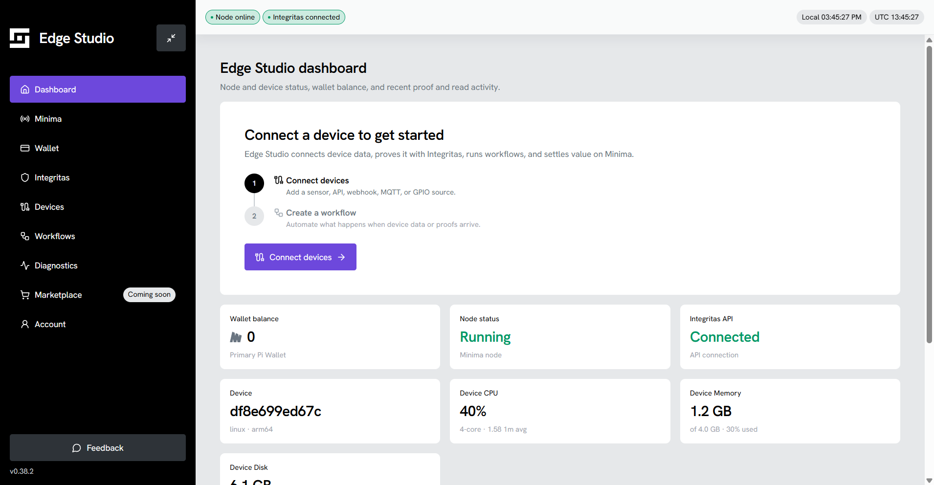 Edge Studio dashboard with the guided workspace open