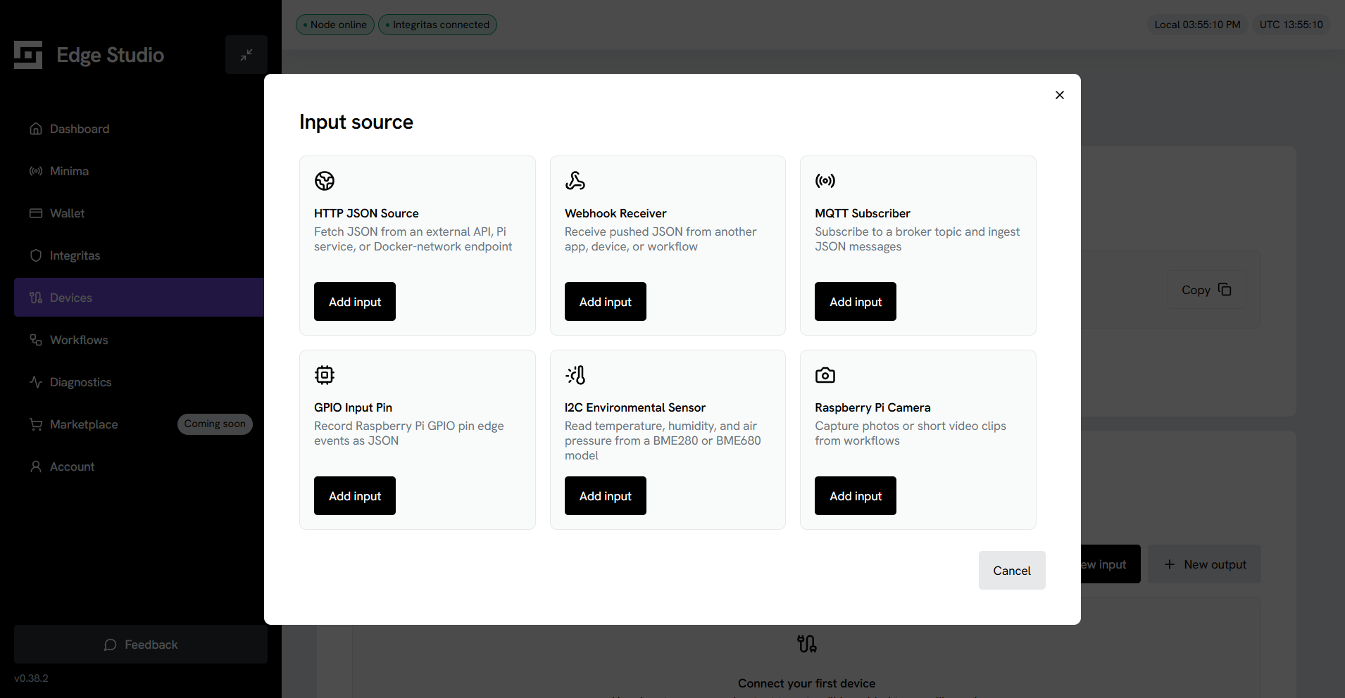 Edge Studio device input source picker